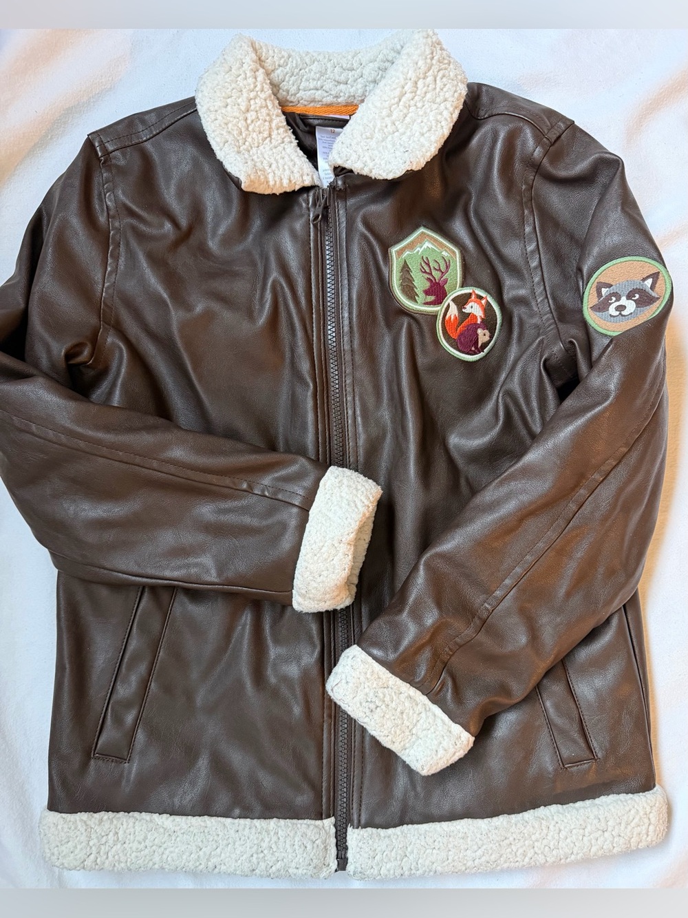 Gymboree Brown Faux Leather Jacket with Cream Sherpa Trim and Animal Patches